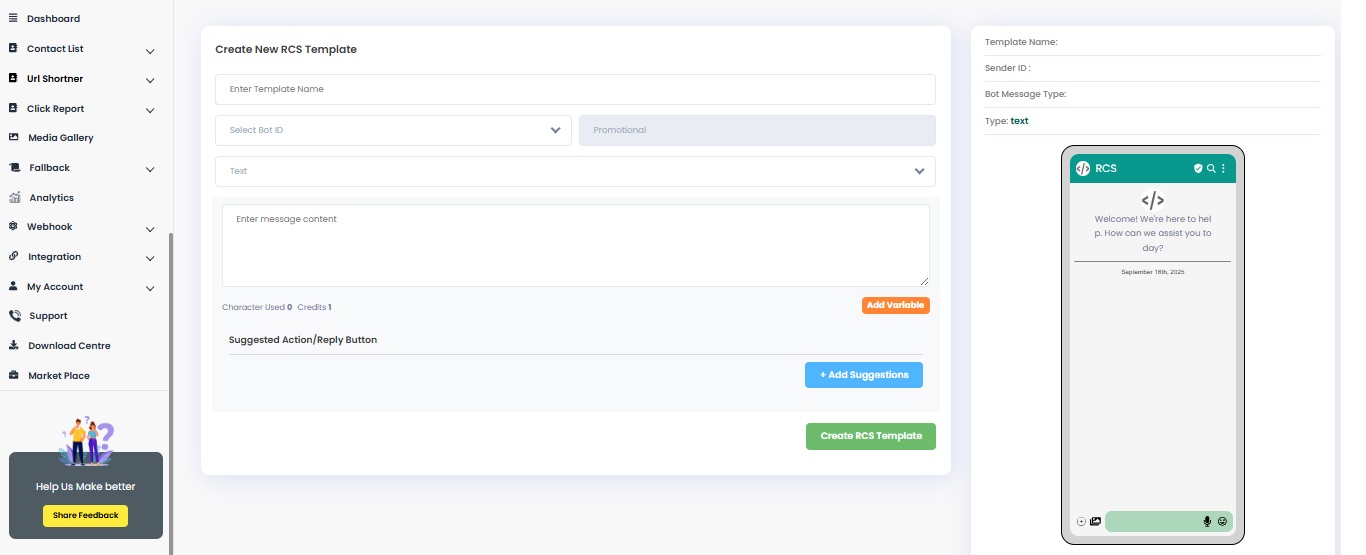 RCS Message Template Type: Simple Text