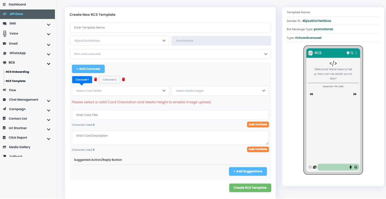 Authkey Dashboard- RCS Message Template Type: Rich Card Carousel