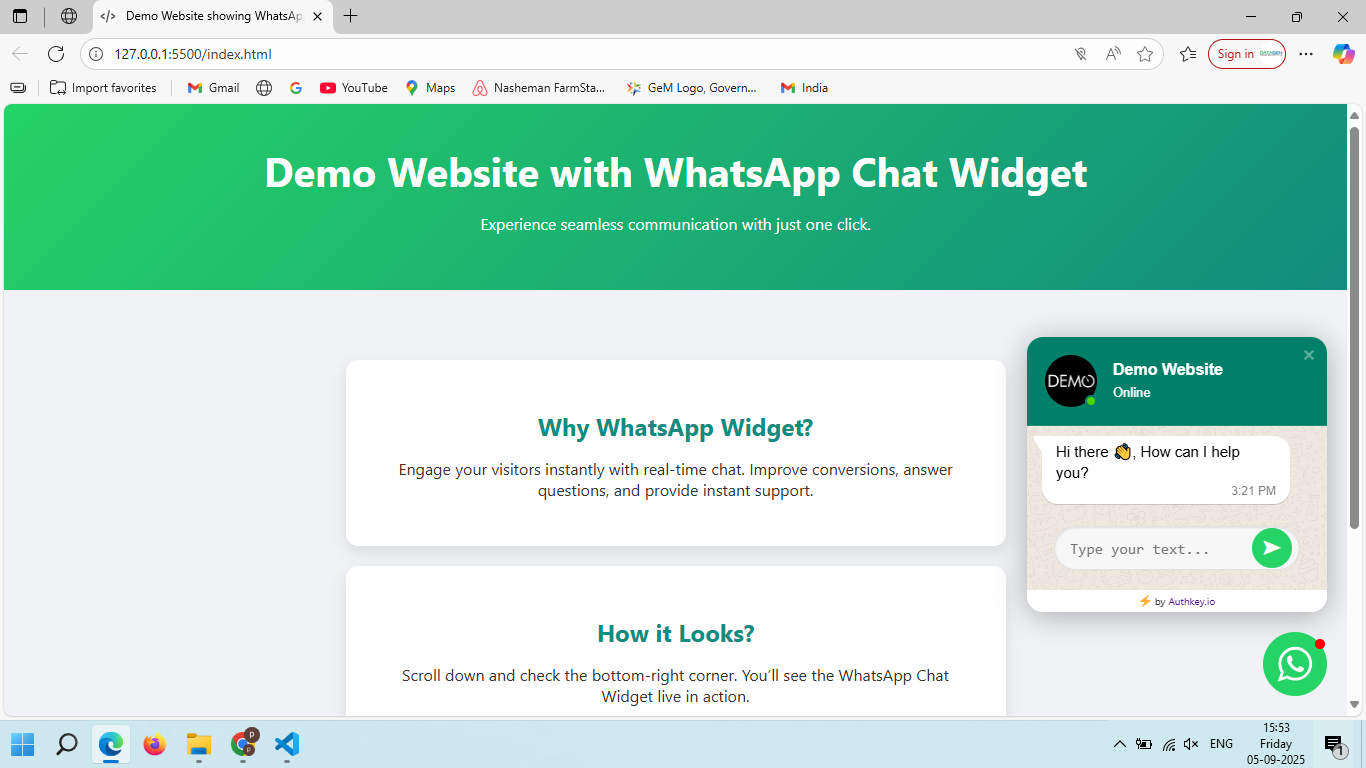 Demo Website showing WhatsApp Widget in right bottom corner by Authkey