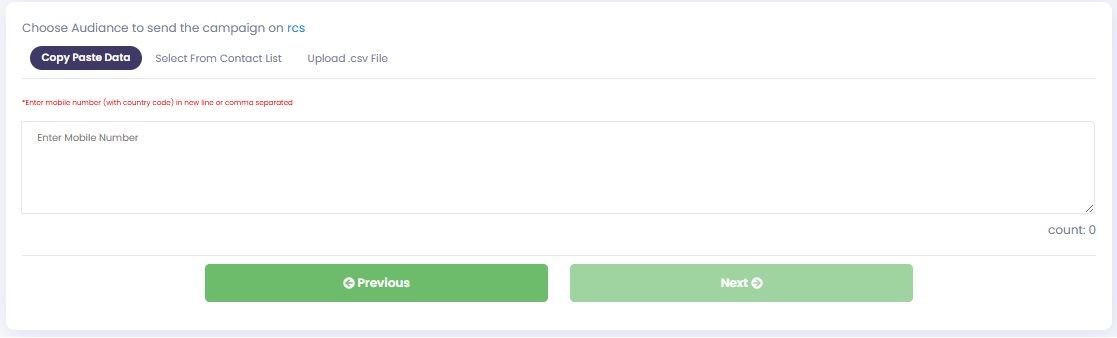 Authkey Dashboard- upload audience, copy and paste number for RCS Campaign