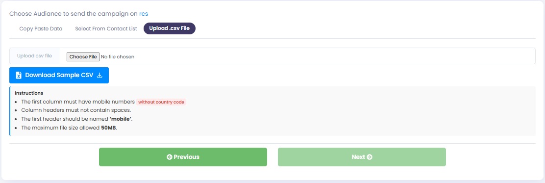 Authkey Dashboard- upload audience via csv sheet for RCS campaign