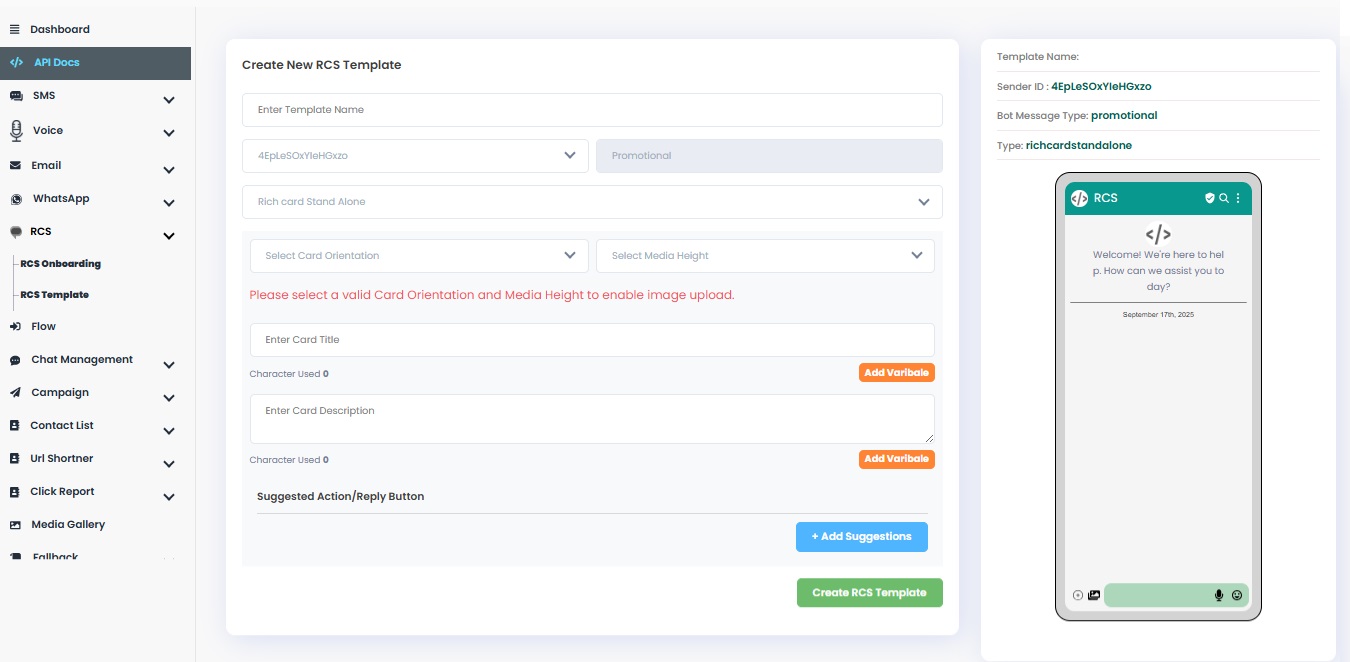 RCS Message Template Type: Rich Card Standalone