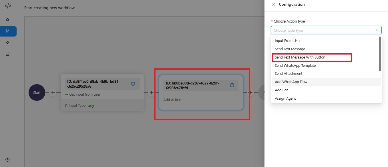 Authkey Chatbot builder: Declare first action as Send Text Message with Button