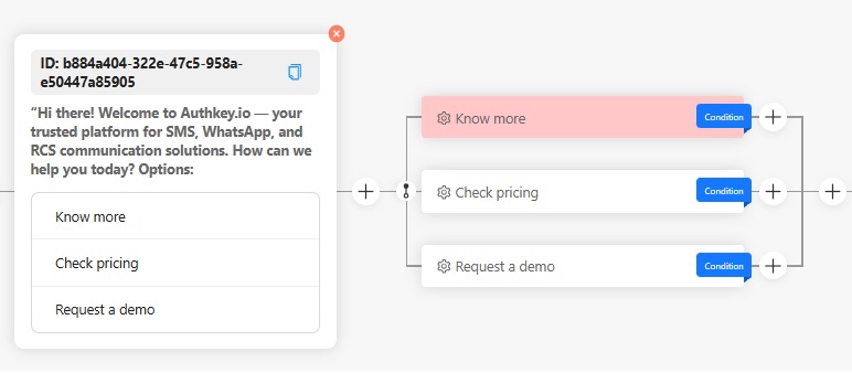 Authkey Chatbot builder: Create Conditions for the Buttons.