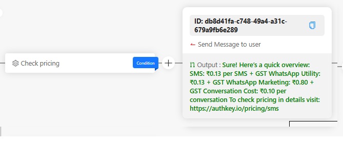 Authkey Chatbot builder: Send Action message on the click of Check pricing condition