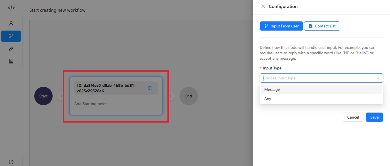 Authkey WhatsApp No code Chatbot builder: Add Starting Point