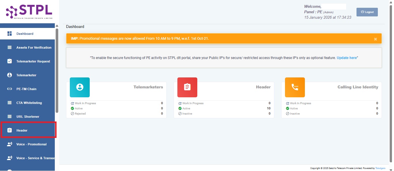 Image Shows Home page of portal and click on the Header in left sidebar | Smartping DLT Help Guide by Authkey