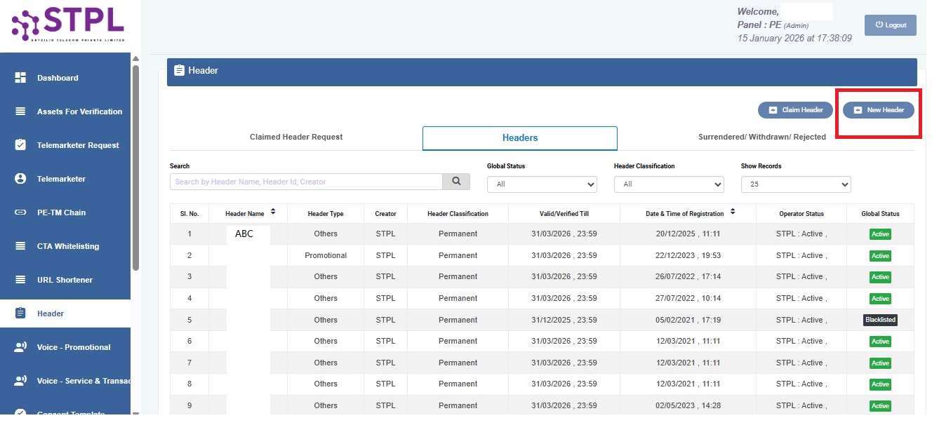 Image Shows Click on the New Header in upper right corner | Smartping DLT Help Guide by Authkey