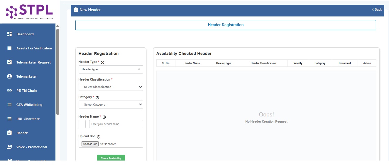 Image Shows Header Registration Form | Smartping DLT Help Guide by Authkey