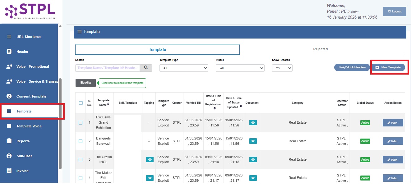 Image Shows Click on Template in left sidebar | Smartping DLT Help Guide by Authkey