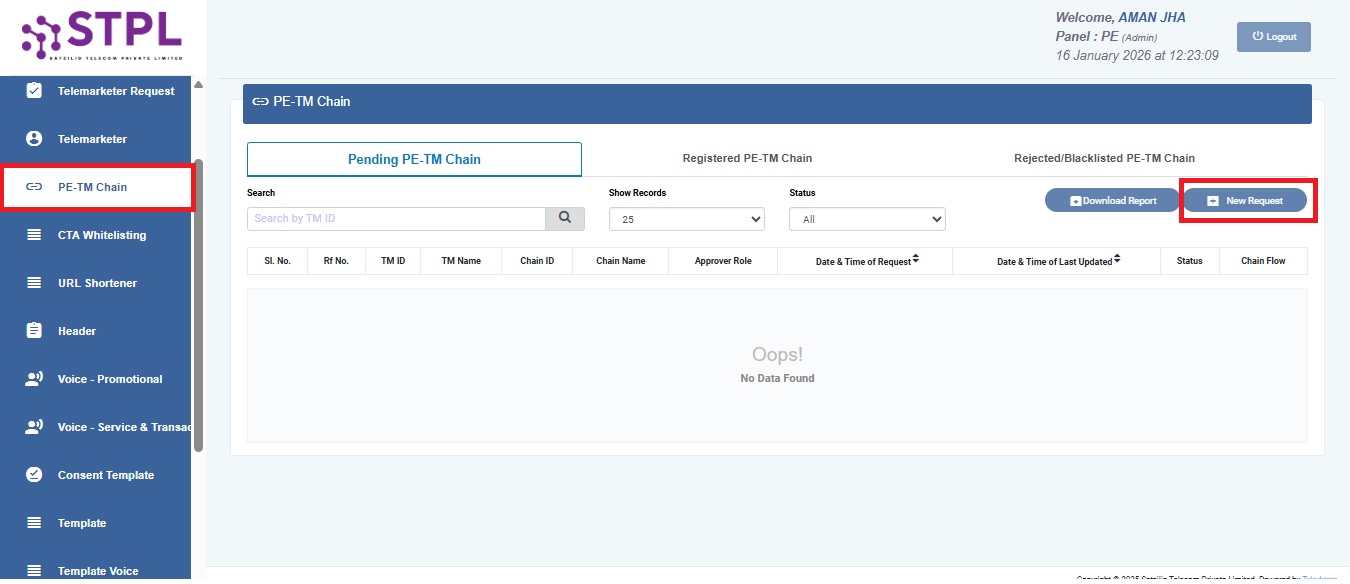 Image Shows click on PE-TM Chain in left sidebar | Smartping DLT Help Guide by Authkey