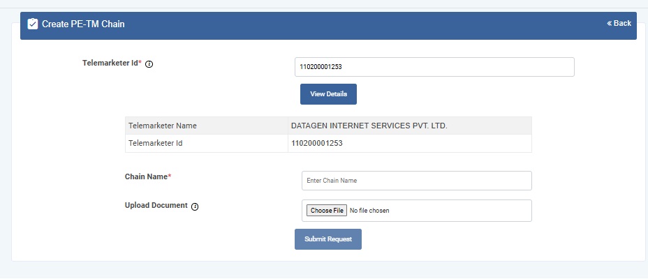 Image Shows PE_TM Chain - Telemarketer as Datagen Internet Service Pvt Ltd | Smartping DLT Help Guide by Authkey