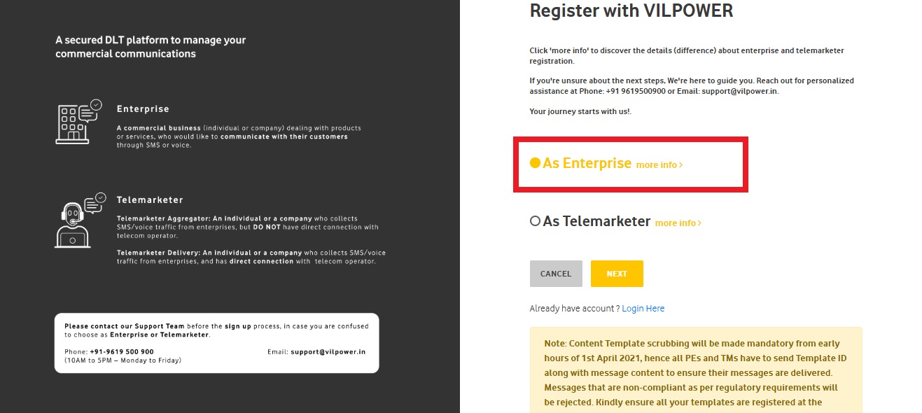 Image Shows Signup on Vilpower DLT Platform : Authkey’s DLT Support