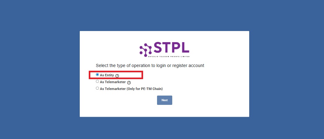 Image Shows the "Select As Enity During the DLT registration on Smartping | Smartping DLT Help Guide by Authkey "