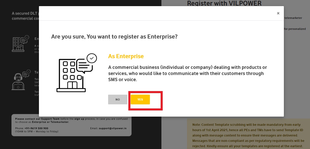 Image Shows confirmation "As Enterprise" on Vilpower DLT Platform : Authkey’s DLT Support
