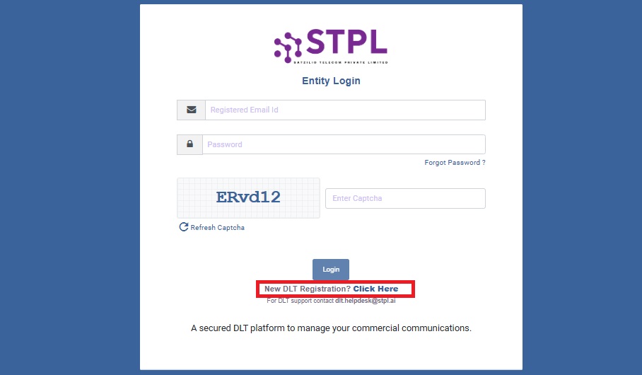 Image Shows the Login Portal - Click on the New DLT Registration | Smartping DLT Help Guide by Authkey