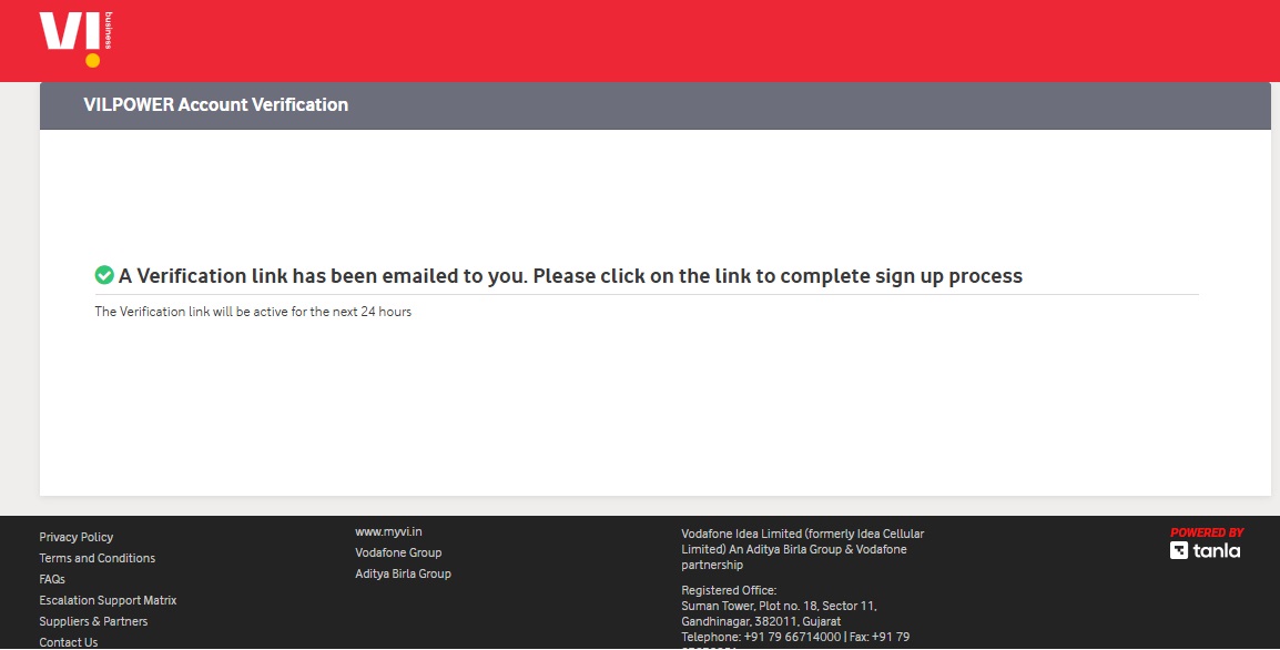 Image Shows Email Verification link on Vilpower DLT Platform : Authkey’s DLT Support
