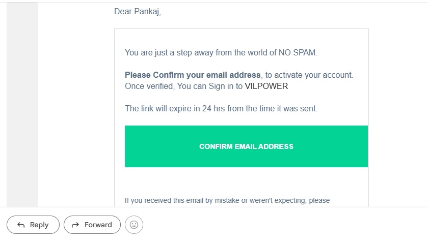 Image Shows Confirm Email Address on Vilpower DLT Platform : Authkey’s DLT Support