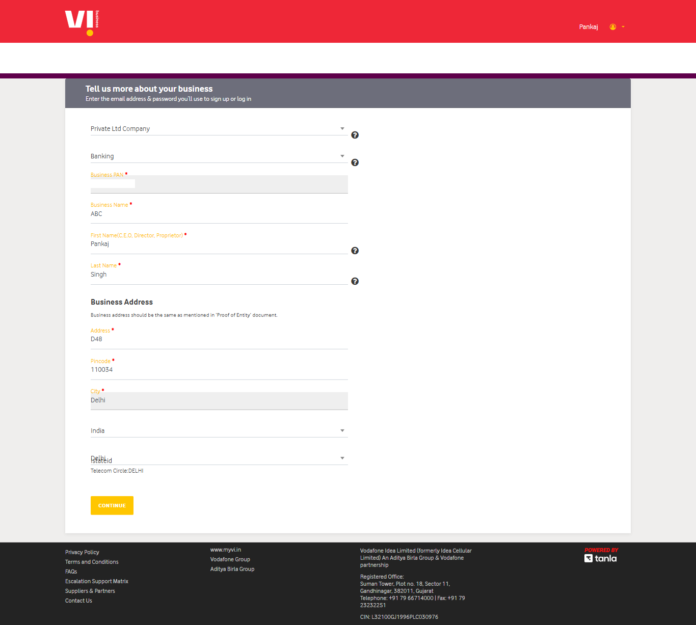 Image Shows Business Details form on Vilpower DLT Platform : Authkey’s DLT Support