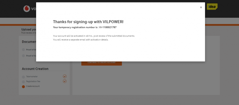 Image Shows Thankyou Signup on Vilpower DLT Platform : Authkey’s DLT Support