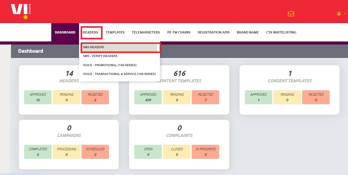 Image shows the Header registration navigation dashboard - Authkey’s DLT Support