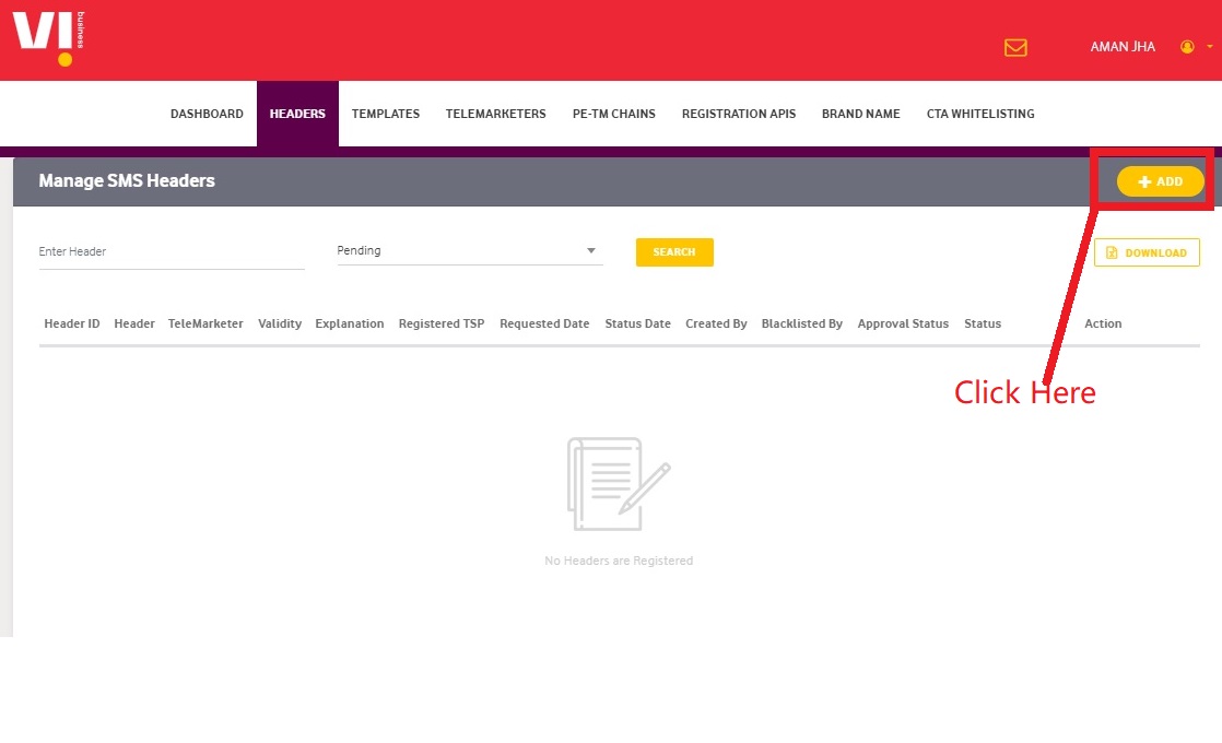 Image shows the Header registration click on +Add in Vilpower Portal - Authkey’s DLT Support