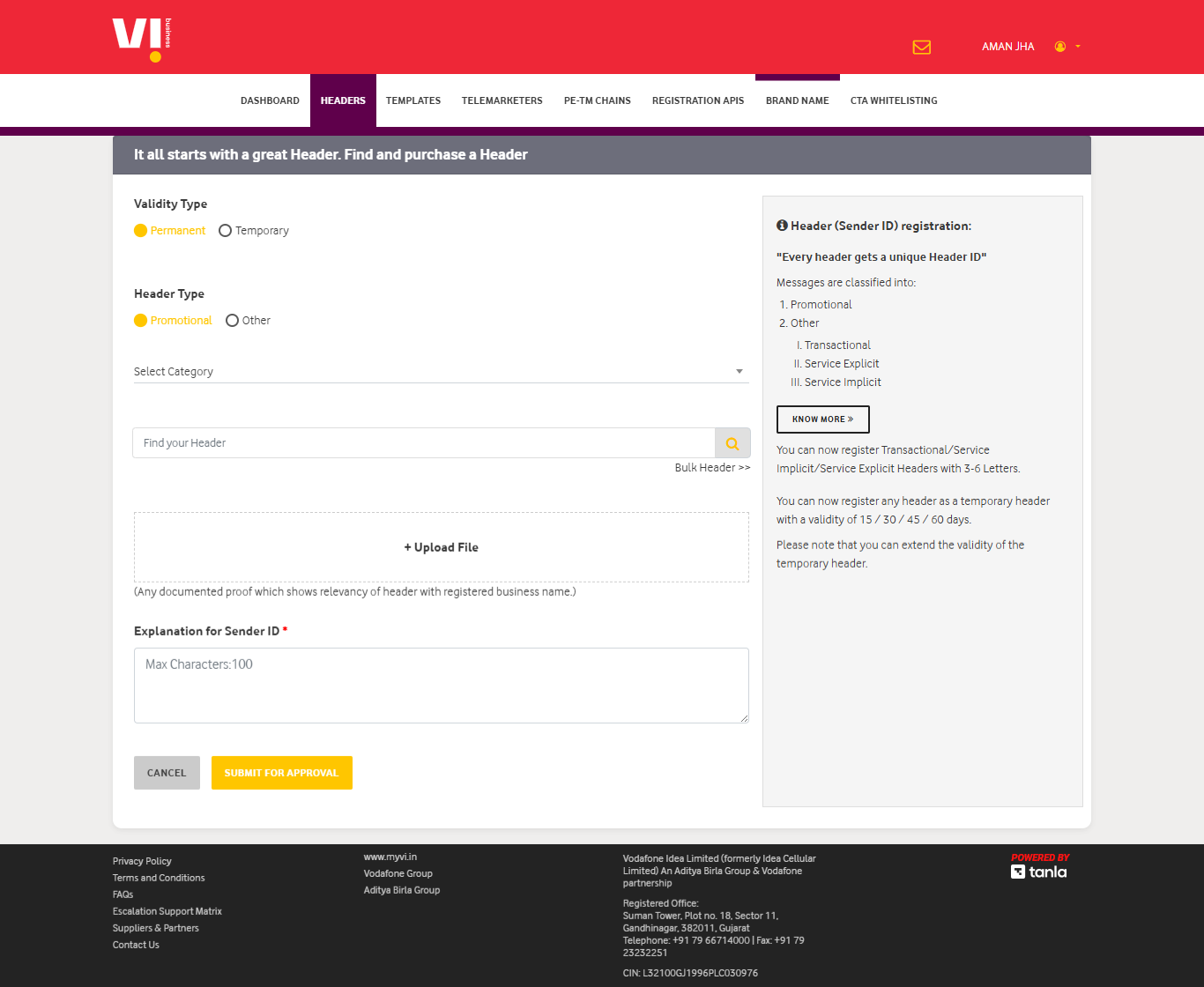 Image shows the Header registration in Vilpower Portal - Authkey’s DLT Support