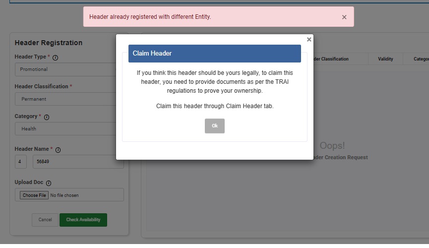 Image Shows Header Already Exist Notification | Smartping DLT Help Guide by Authkey