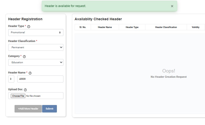 Image Shows Header is available for request | Smartping DLT Help Guide by Authkey