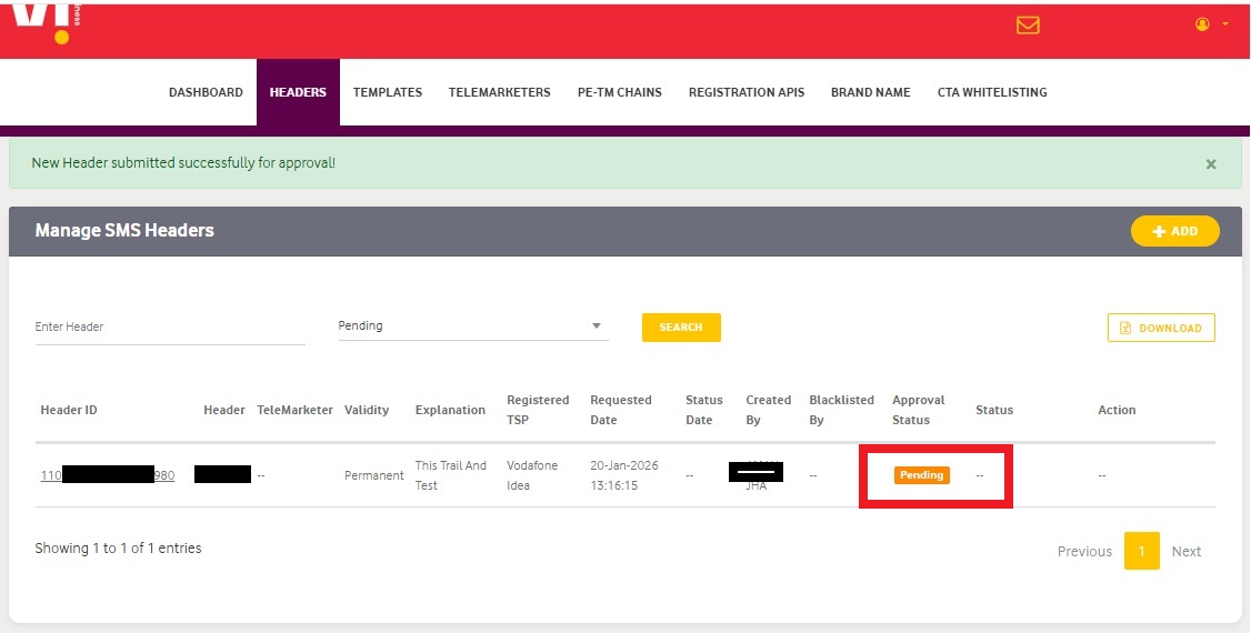 Image shows the Header Status in Vilpower Portal - Authkey’s DLT Support