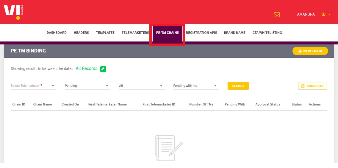 Image shows the Navigate to Chain Binding in Vilpower Portal - Authkey’s DLT Support