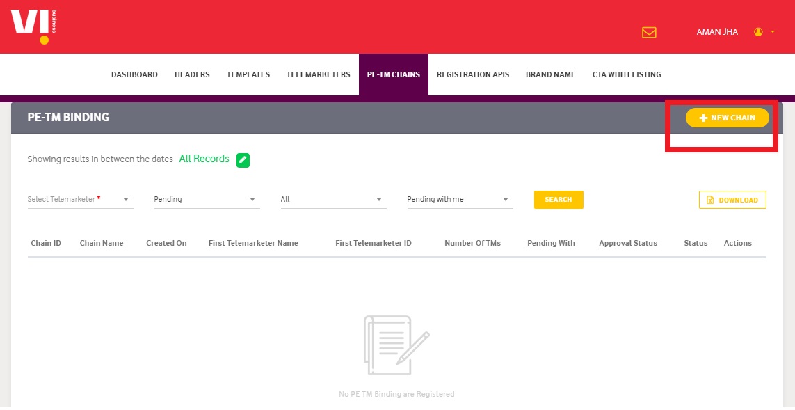 Image shows the Navigate to Chain Binding Click on +New CHAIN in Vilpower Portal - Authkey’s DLT Support