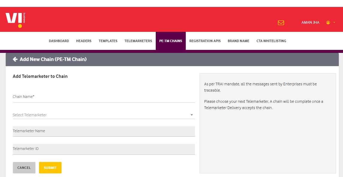 Image shows the Navigate to Chain Binding in Vilpower Portal - Authkey’s DLT Support