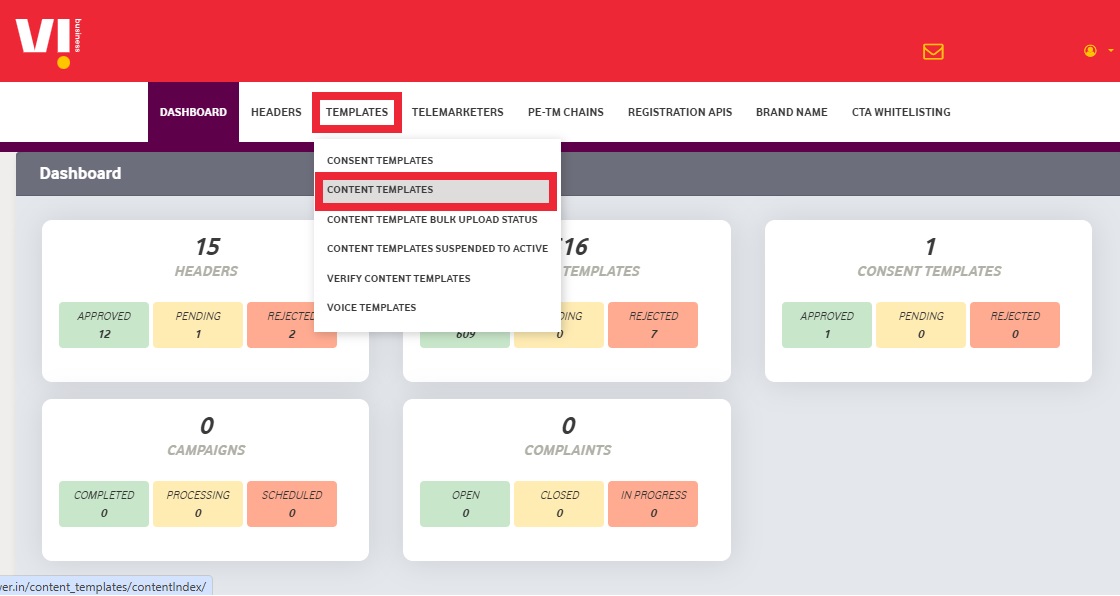 Image shows the Template Registration navigation in Vilpower Portal - Authkey’s DLT Support