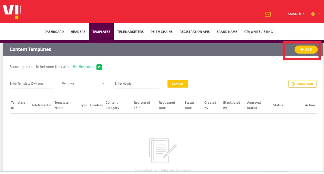 Image shows the Template Registration Click on +Add in Vilpower Portal - Authkey’s DLT Support