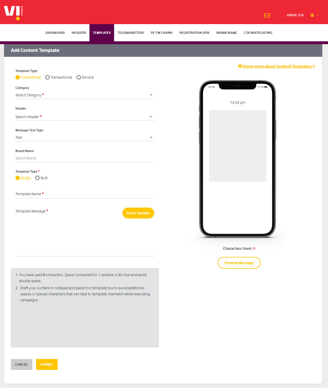 Image shows the Template Registration in Vilpower Portal - Authkey’s DLT Support