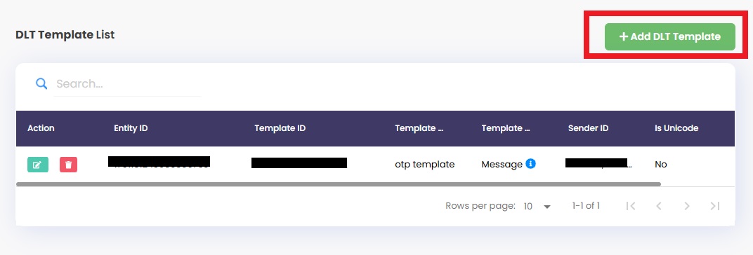Image show the click in the +Add DLT Template  | DLT Support
