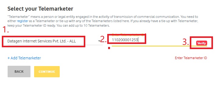 Image Shows Select your Telemarketer as "Datagen Internet Service Pvt Ltd" on Vilpower DLT Platform : Authkey’s DLT Support