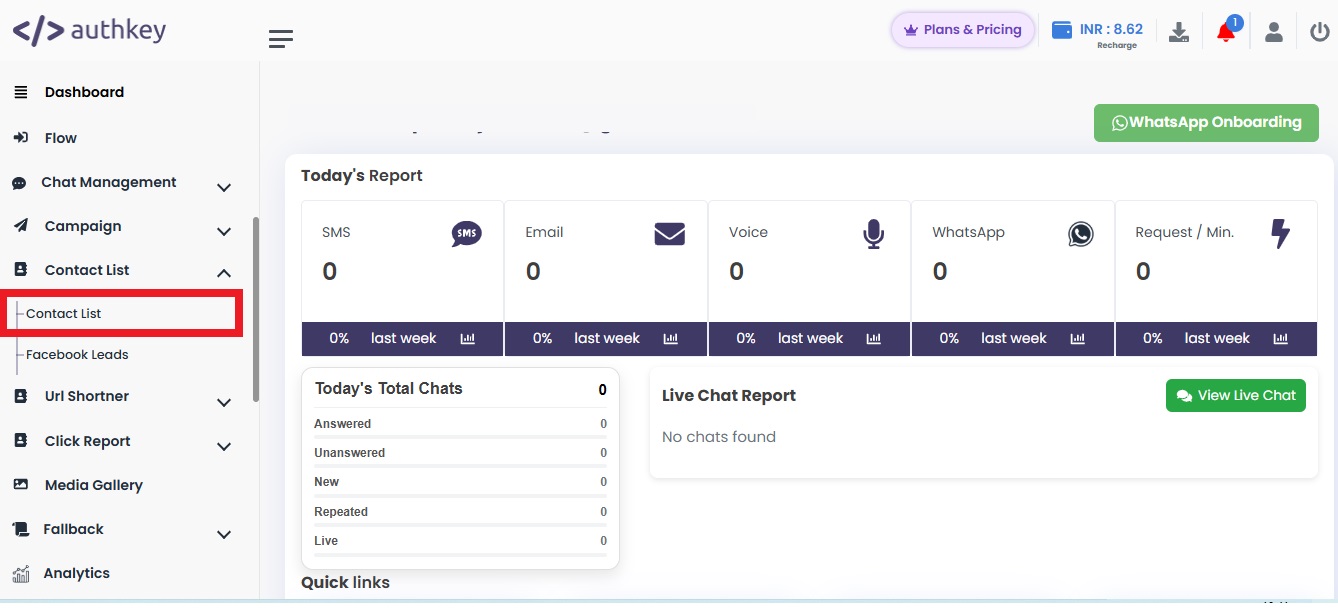 Image shows the navigation to the Contact list in Authkey Dashboard.