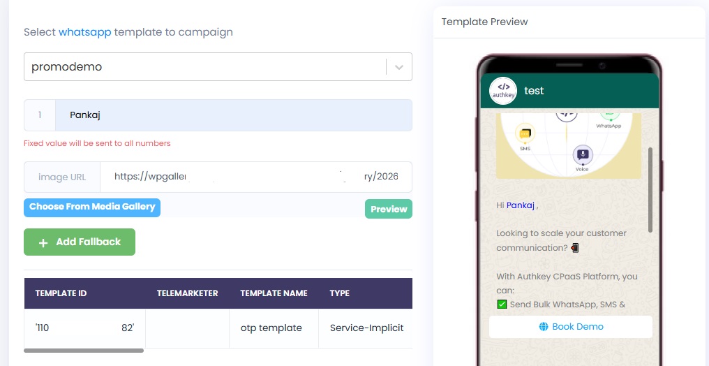 Image Shows the Select WhatsApp Template in Campaign in Authkey dashboard