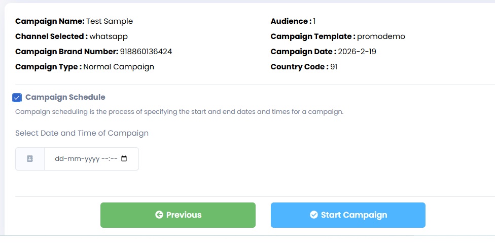 Image Shows the Campaign scheduler or to start campaign window in Authkey dashboard