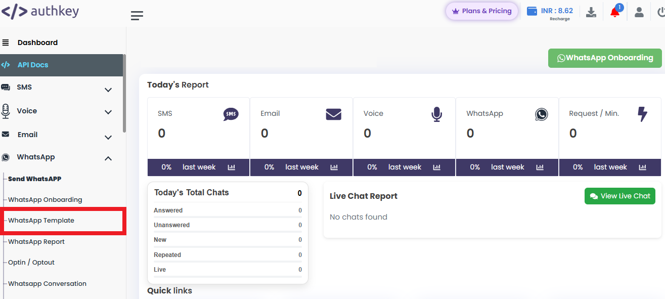 Image shows the navigation to the WhatsApp template in Authkey Dashboard