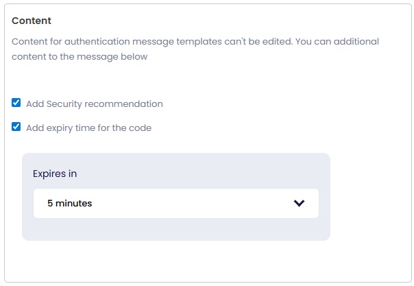 Image shows the Add expiry time for the OTP in WhatsApp Authentication Template