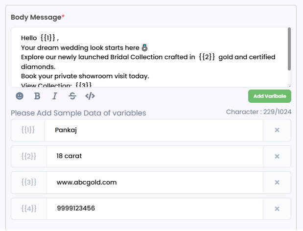 Image shows the Body message while creating WhatsApp Carousel Template.