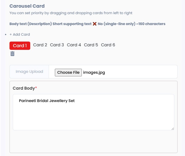 Image shows the Carousel Card and Body while creating WhatsApp  Template.